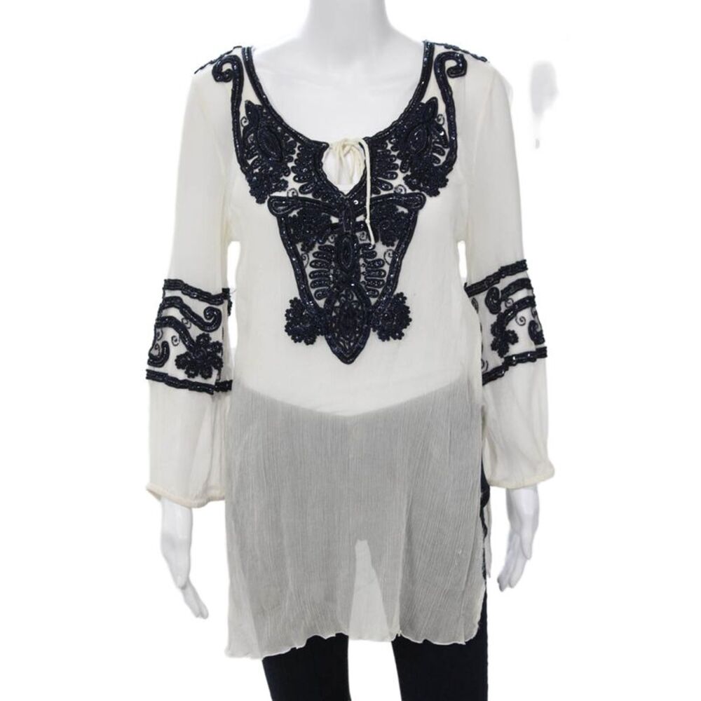 Calypso Saint Barth Women Bohemian White Tunic Blouse Long Sleeve Size M